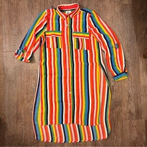 Haute Project LA Rainbow Stripe Long Shirt Dress Side Slits Button Down Size M